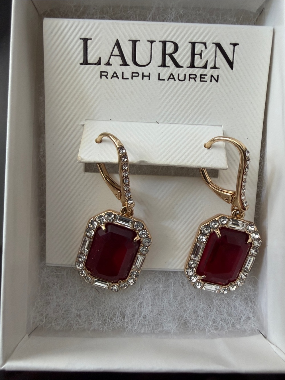 Lauren Ralph Lauren Gold-Tone Earrings with Deep Red Stones and Clear Crystals